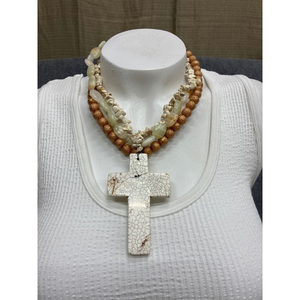 Boho Beaded Multi Strand Statement Necklace Large Stone Cross Pendant Bronze